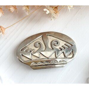 Hopi Overlay Modernist Cold Rolled Steel Silver T Abstract Oval Vintage Brooch